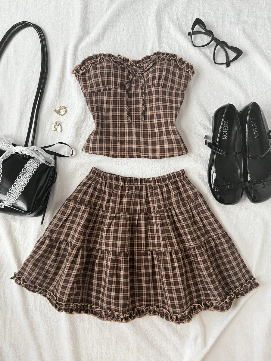 SHEIN Bộ 2 món áo camisole dệt jacquard vân nổi phối gấu bèo và chân váy skort dáng chữ A xếp tầng cho bé gái tuổi teen, trang phục thường ngày phong cách vintage đi chơi và du lịch mùa xuân hè - Màu Khaki - Xem 1