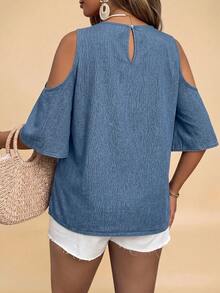 SHEIN VCAY Casual Minimalist Denim Effect Print Plus Size Shirt, Suitable For Summer & Autumn - Multicolor - View 2