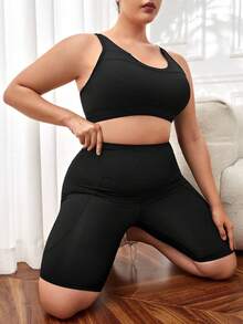 SHEIN Velisys Pantalones cortos de yoga ajustados de unicolor para mujer de talla grande - Negro - Ver 5