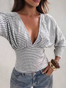 SHEIN BAE Women's Deep V-Neck Striped Ruched Fitted Versatile Casual Top - Grey - View 5