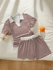 SHEIN Teen Girl Striped Color Block V-Neck Short Sleeve T-Shirt And Drawstring Waist Shorts Set - Multicolor - View 3