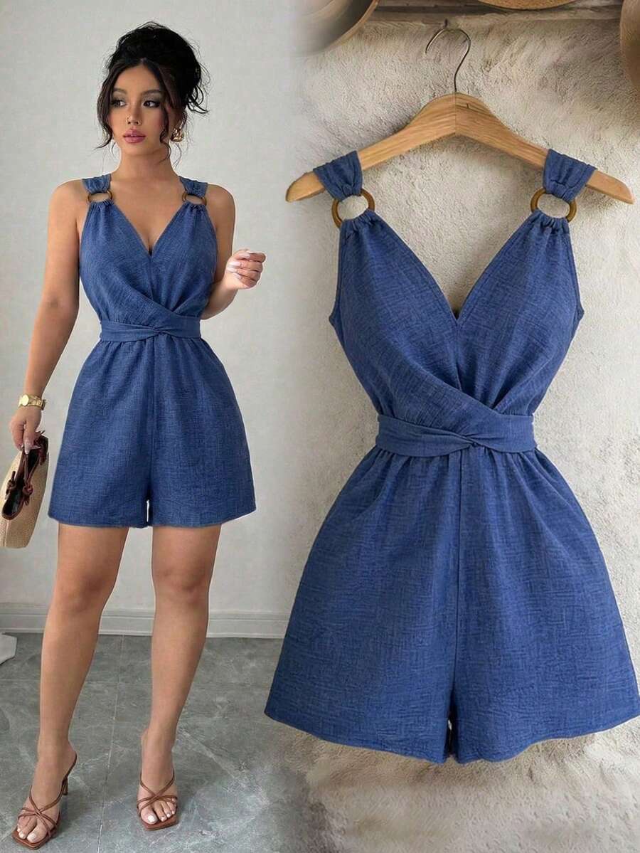 SHEIN LUNE CURVE Women's Spring/Summer Exquisite Elegant Blue V-Neck Small Circle Decor Buckle Design Bow Tie Design Sleeveless Fitted Slim Jumpsuit - Blue - View 1