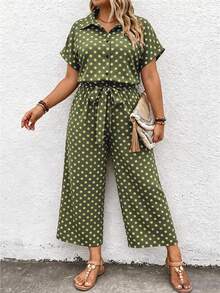 Linhara CURVE Plus Size Women's Polka Dot Shirt Collar Short Sleeve Button Front Tie Decor Jumpsuit - Green - View 7