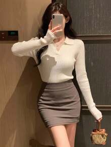DAZY リブニットセーター、長袖トップス、秋服 - ホワイト - チェックする 13