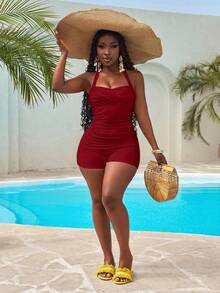 Slaydiva Plus Size Solid Color Halter One-Piece Swimsuit - Burgundy - View 5