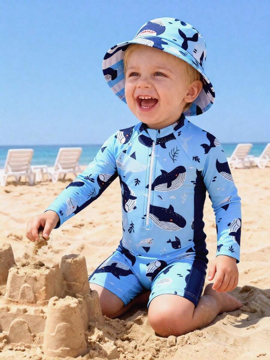 Baby Boy New Style Long Sleeve Zipper Printed Rash Guard Swimsuit - Multicolor - View 1
