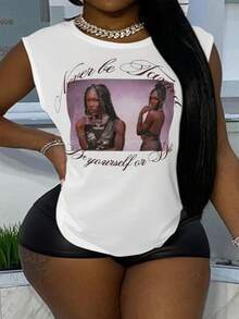 Slaydiva Women's White Summer Casual Rave Holiday Graphic Vintage Portrait Letter Print Sleeveless Tank Top Crew Neck Longline Plus Size Vest Retro Streetwear - White - View 6