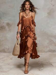 Solivie Vestido casual de férias feminino de cor lisa com bainha com folhos - Castanho - Ver 5