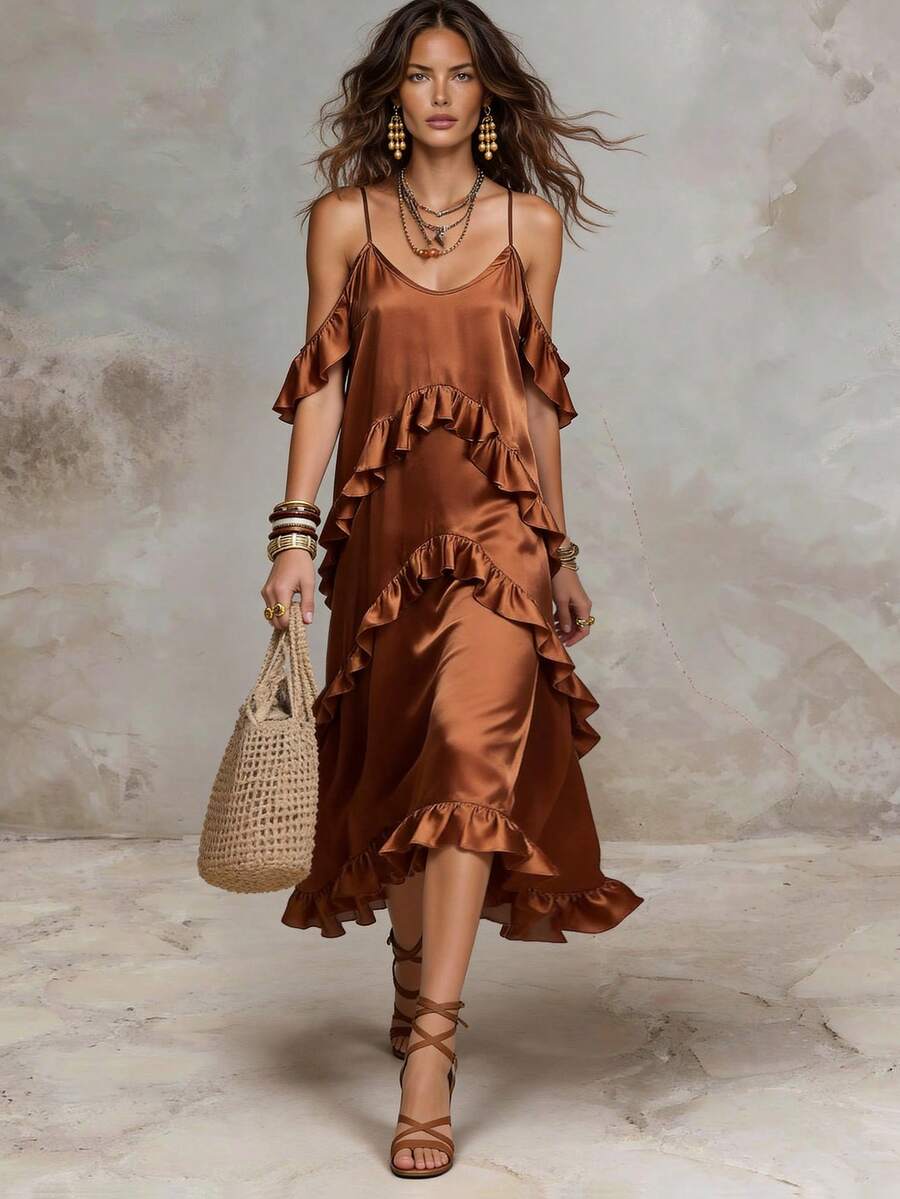 Solivie Women's Solid Color Ruffle Hem Casual Boho Holiday Dress Vacation Rust Brown Summer Vacation Vacation Vacation - Brown - View 1