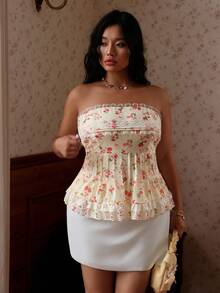 CovetEZ Spring/Summer New Romantic Floral Ruffle Hem Casual Plus Size Tube Top For Women - Multicolor - View 7