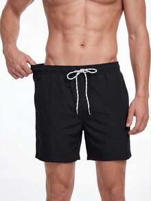 Manfinity KASUA Men's Solid Color Pocket Drawstring Waist Beach Shorts, Suitable For Summer Swimming Shorts For Men - Black - View 4