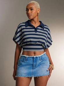 Denimoi Cinched Waist Collared Striped Polo Top Fashionable Tops Collared Top - Royal Blue - View 3