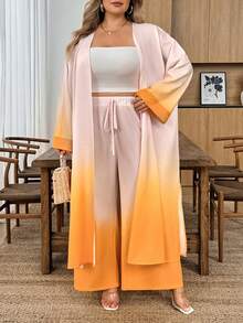 SHEIN CURVE+ Curve 大尺碼 US22 音樂節海邊度假波希米亞風優雅純色紋理寬鬆蝙蝠袖兩件套 秋季婚禮賓客穿搭 粉色 - 黃色 - 查看 4