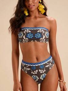 Travachic Women Floral Print Bandeau Bikini Set,Summer Outfits For Women,Swimsuits For Woman,Bathing Suits For Women - Multicolor - View 3