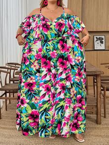 SHEIN CURVE+ Curve 尺码 US22 音乐节、海滨度假、波西米亚风女士夏季休闲度假风纯色露肩高开衩腰带连衣裙 - 彩色 - 查看 10