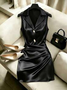 SHEIN Franclia 女士优雅法式针织连衣裙，黑色Polo领无袖，腰部褶皱设计，饰有金属纽扣，优雅女士夏季连衣裙，沙滩装，度假装，休闲装，工作装，办公室着装，新款夏季女士连衣裙 - 黑色 - 查看 1