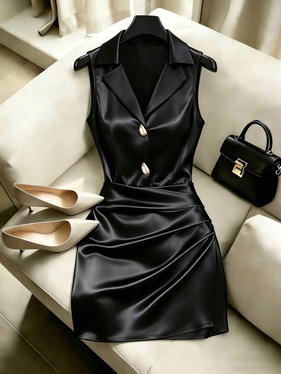 SHEIN Franclia 女士优雅法式针织连衣裙,黑色Polo领无袖,腰部褶皱设计,饰有金属纽扣,优雅女士夏季连衣裙,沙滩装,度假装,休闲装,工作装,办公室着装,新款夏季女士连衣裙 - 黑色 - 查看 1
