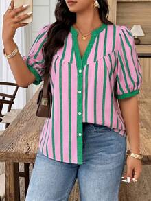 Weeklong Plus Size Women's Spring/Summer Notch Collar Striped Patchwork Contrast Color Casual Vacation Shirt - Multicolor - View 3