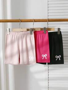 3 PiecesBig Girls Tween Girl Casual Summer Pajama Shorts Featuring Magenta Light Pink And Black Colors With A Delicate Bow Graphic Print On The Leg. These Comfortable Homewear Bottoms Are Crafted From A Soft Knit Fabric Providing A Smooth And Lightweight Feel For Stylish Daily Relaxing Or Cozy Nightwear. - Multicolor - View 5