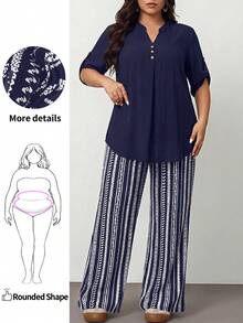 Enliva Plus Size Women 2pcs/Set Notch Neck Sleeveless Top And Striped Wide Leg Pants Casual Outfit,Holiday Outfits Boho Elegant Summer - Navy Blue - View 1