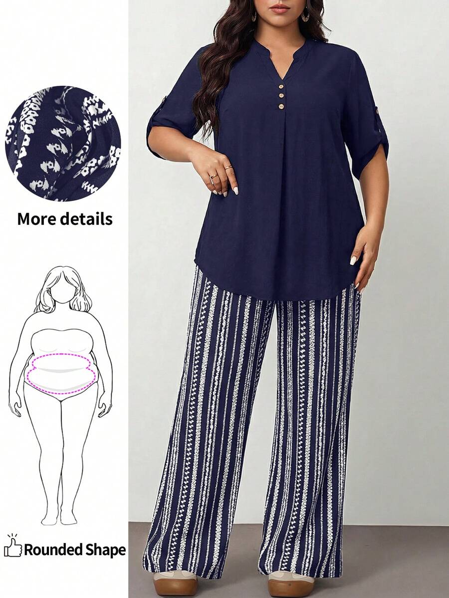Enliva Plus Size Women 2pcs/Set Notch Neck Sleeveless Top And Striped Wide Leg Pants Casual Outfit,Holiday Outfits Boho Elegant Summer - Navy Blue - View 1