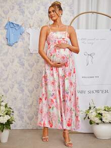 Loomaby Pregnant Women Summer Elegant Floral Print Spaghetti Strap Dress,Gender Reveal Dress,Maternity Dress,Baby Shower Dress - Red - View 11