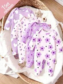 SHEIN Vintaside Kids [買4送1] 紫色花卉、愛心與蝴蝶結印花嬰兒連身褲，柔軟面料適用於春/夏，嬰兒長袖連身褲、休閒褲、睡衣，可愛時尚紫色愛心 - 彩色 - 查看 6
