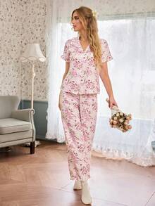 CottageSlumber Floral Print Sweet Ruffle Collar Cardigan Short Sleeve Women Pajama Set - Pink - View 4