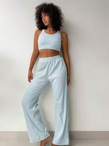 DAZY 2 Stück/Set Damen Geripptes Kurzes Trägertop und Lange Gerade Bein Pyjama Hose Schlafanzug Set, Sommer - Blau - Übersicht 3