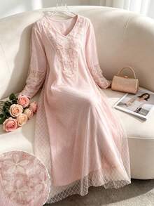 Al Najma Đầm dài tay dáng rộng, thanh lịch, thời trang dành cho nữ, chất liệu lưới jacquard, phối nhiều mảnh. - Hồng - Xem 1