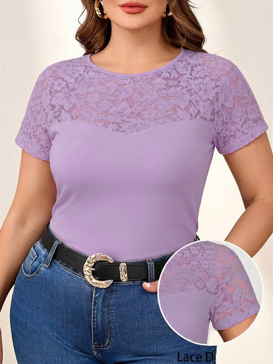 Reflora Plus Size Fashionable Elegant Round Neck Contrast Lace T-Shirt - Mauve Purple - View 1