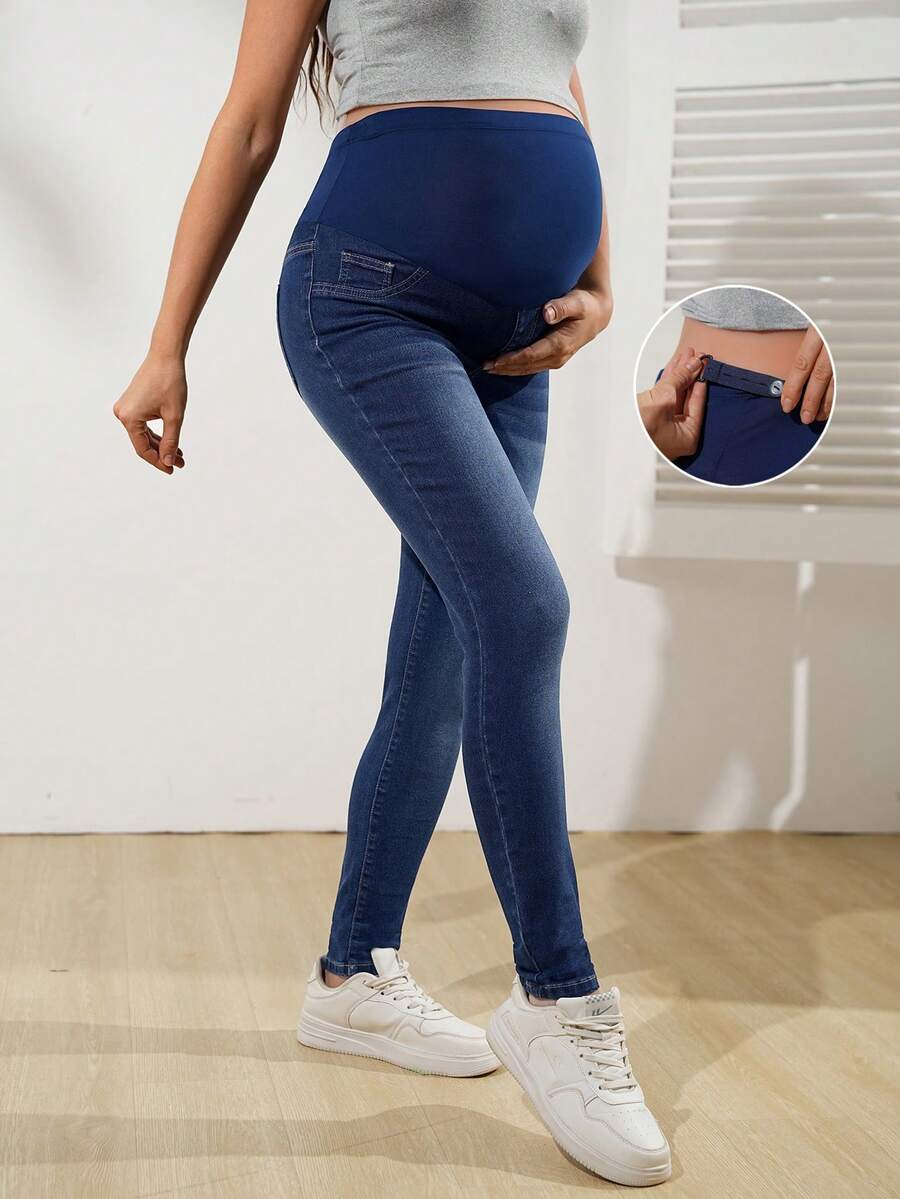 SHEIN 孕婦休閒水洗修身牛仔褲 - 深色水洗藍 - 查看 1