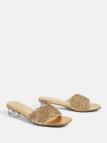 CUCCOO TILAWA Sandalias de tacón alto con cristales y decoración de cristal de Rhinestone para mujeres, para eventos y fiestas al aire libre, zapatos de primavera, tacones para el Día de Pascua, baile de graduación de primavera, zapatos de verano - Champán - Ver 3