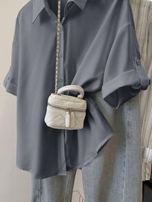 Resyla Women's Summer Solid Color Short Sleeve Single-Breasted Minimalist Shirt - Dark Grey - View 5
