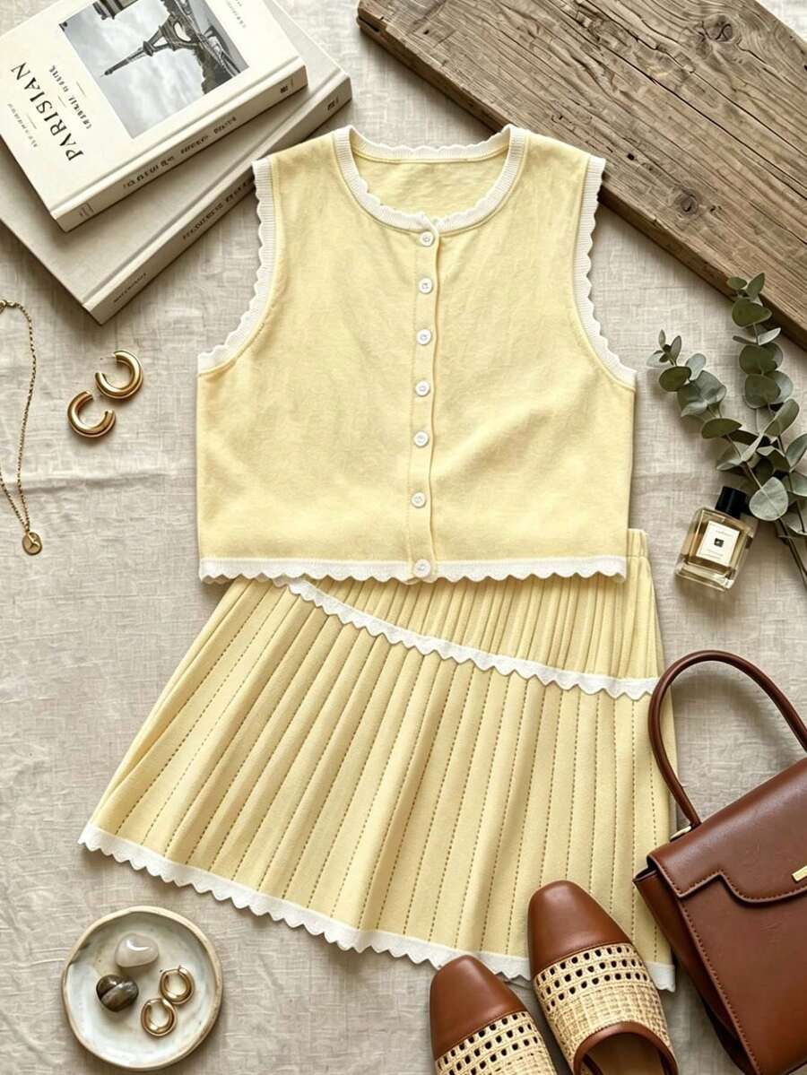 Muvela Cardigan de vară pentru femei, casual, cu imprimeu ondulat, în culori contrastante, cu nasturi în față, tricotat, cu guler rotund, potrivit pentru brunch, ieșiri, întâlniri, naveta, vacanțe în croazieră, ideal pentru excursii în Ibiza. Set galben, ținută de lucru pentru femei. - Galben - Vizualizare 1