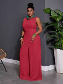 Slaydiva Early Summer Sleeveless Solid Color Plus Size Jumpsuit For Women Evening Pink Elegant - Hot Pink - View 3