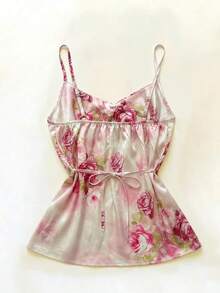 Franclia Camiseta de satén con estampado floral elegante para mujer - Rosa - Ver 2