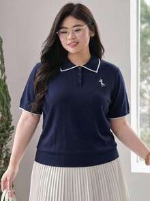 Dazy Plus Solid Color Polo Collar Fitted Short Sleeve Knit Top, Spring, Summer, Autumn - Navy Blue - View 8