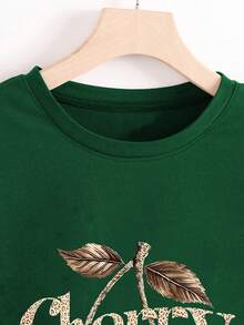 NostaNoir Fashion Leopard Print And Cherry Pattern Crew Neck Short Sleeve Women's Top, Versatile And Streetwear - Dark Green - View 4