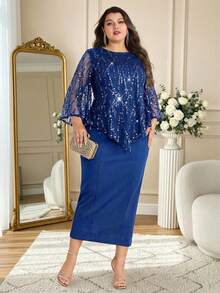 Modelyn Set 2 Potong Elegan untuk Wanita Ukuran Plus dengan Atasan dan Gaun Model Batwing Jala Berpayet - Royal Blue - View 4