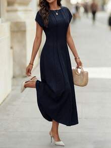 Editum Women's Elegant Cinched Waist Short Sleeve Blue Long Dress, Suitable For Daily Wear And Commuting In Early Spring - Navy Blue - View 10