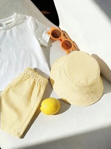 SHEIN 中性嬰幼兒男童女童幼童男童 3件/套 春夏可愛檸檬條紋圖案短袖T恤上衣、短褲和帽子套裝，多件裝，春夏嬰兒男童服裝套裝，嬰兒男童短袖上衣 - 黃色 - 查看 6