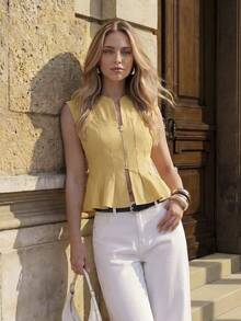 Ciel Poise Vintage French Style Waist Cinching Pleated Zip-Up Blouse For Women - Khaki - View 4