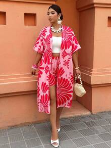 SHEIN Clasi Plus Size Women's Elastic Waist Leaf Print Shorts And Short Sleeve Robe Casual Daily Set - Multicolor - View 4