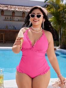 Swim Mod Plus Size Women's Sweet Cute Casual Beach Vacation Pink Textured Fabric Ruffle Halter Neck Tie One-Piece Swimsuit - Hot Pink - View 3