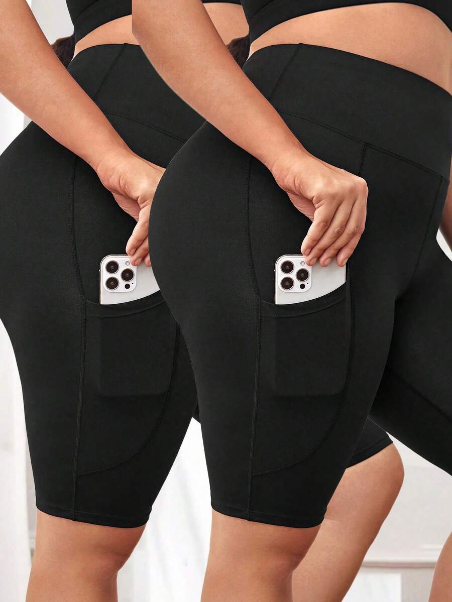 SHEIN Velisys Pantalones cortos de yoga ajustados de unicolor para mujer de talla grande - Negro - Ver 1