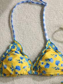 SHEIN Kids Tween Girls Beach Outfit Summer Outfits Vacation Outfits Flower Yellow Vintage Colorful Plaid Floral Printed Ruffle Tie Front Decor Beach Bikini Set For Summer - Yellow - View 3