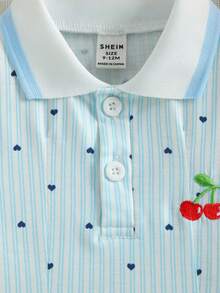 SHEIN 女嬰夏季簡約條紋愛心印花小櫻桃刺繡POLO領洋裝，適合外出、度假、玩耍與日常穿著 - 彩色 - 查看 6