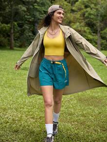 In My Nature Women's Khaki Long Sleeve Hooded Rain Jacket With Zipper Pockets For Outdoor Hiking & Camping - Khaki - View 2