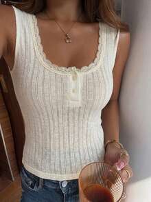 DAZY Camiseta sin mangas de ajuste ceñido de unicolor con parches de encaje y acanalado, para uso en verano - Albaricoque - Ver 5